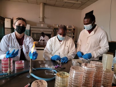 picture of three young scientist doing an experiment