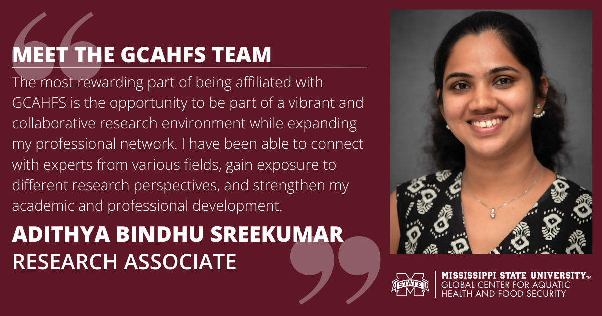 Headshot of Adithya Bindhu Sreekumar on maroon background. Text reads "MEET THE GCAHFS TEAM. 'The most rewarding part of being affiliated with GCAHFS is the opportunity to be part of a vibrant and collaborative research environment while expanding my professional network. I have been able to connect with experts from various fields, gain exposure to different research perspectives, and strengthen my academic and professional development.' ADITHYA BINDHU SREEKUMAR. RESEARCH ASSOCIATE"