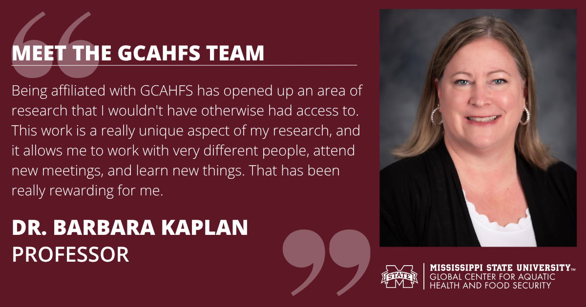 Headshot of Dr. Barbara Kaplan on maroon background. Text reads: "MEET THE GCAHFS TEAM. Being affiliated with GCAHFS has opened up an area of research that I wouldn't have otherwise had access to. This work is a really unique aspect of my research, and it allows me to work with very different people, attend new meetings, and learn new things. That has been really rewarding for me. DR. BARBARA KAPLAN. PROFESSOR."