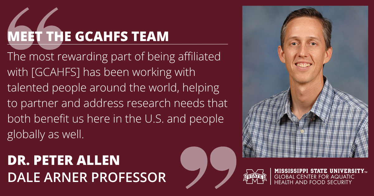 Headshot of Dr. Peter Allen on maroon background. Text reads "MEET THE GCAHFS TEAM. The most rewarding part of being affiliated with [GCAHFS] has been working with talented people around the world, helping to partner and address research needs that both benefit us here in the U.S. and people globally as well. DR. PETER ALLEN. DALE ARNER PROFESSOR"